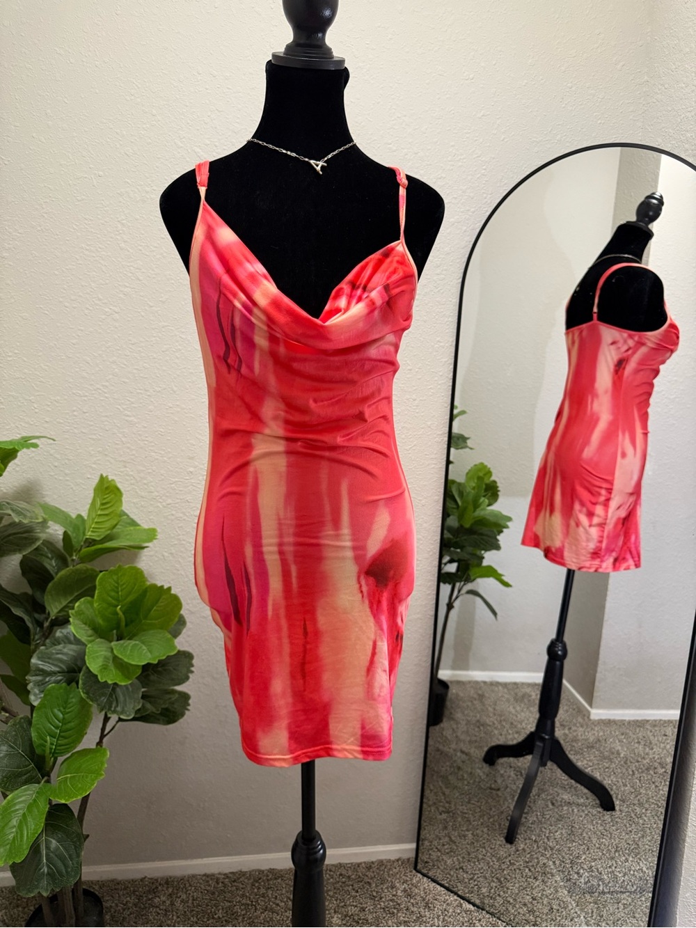 SHEIN Pink & Red Watercolor Cowl Neck Slip Dress
